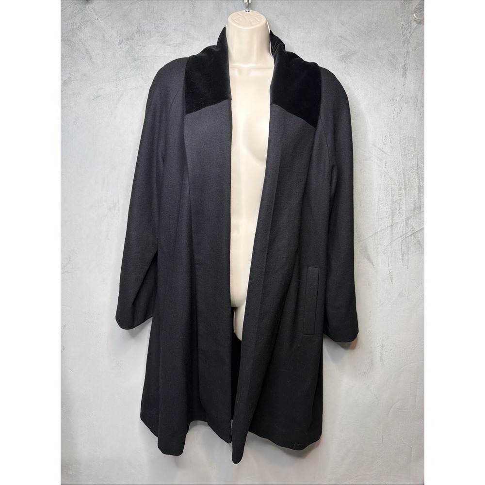 Kristen Blake Womens M Black Merino Wool Long Coat Velvet Collar USA Vintage